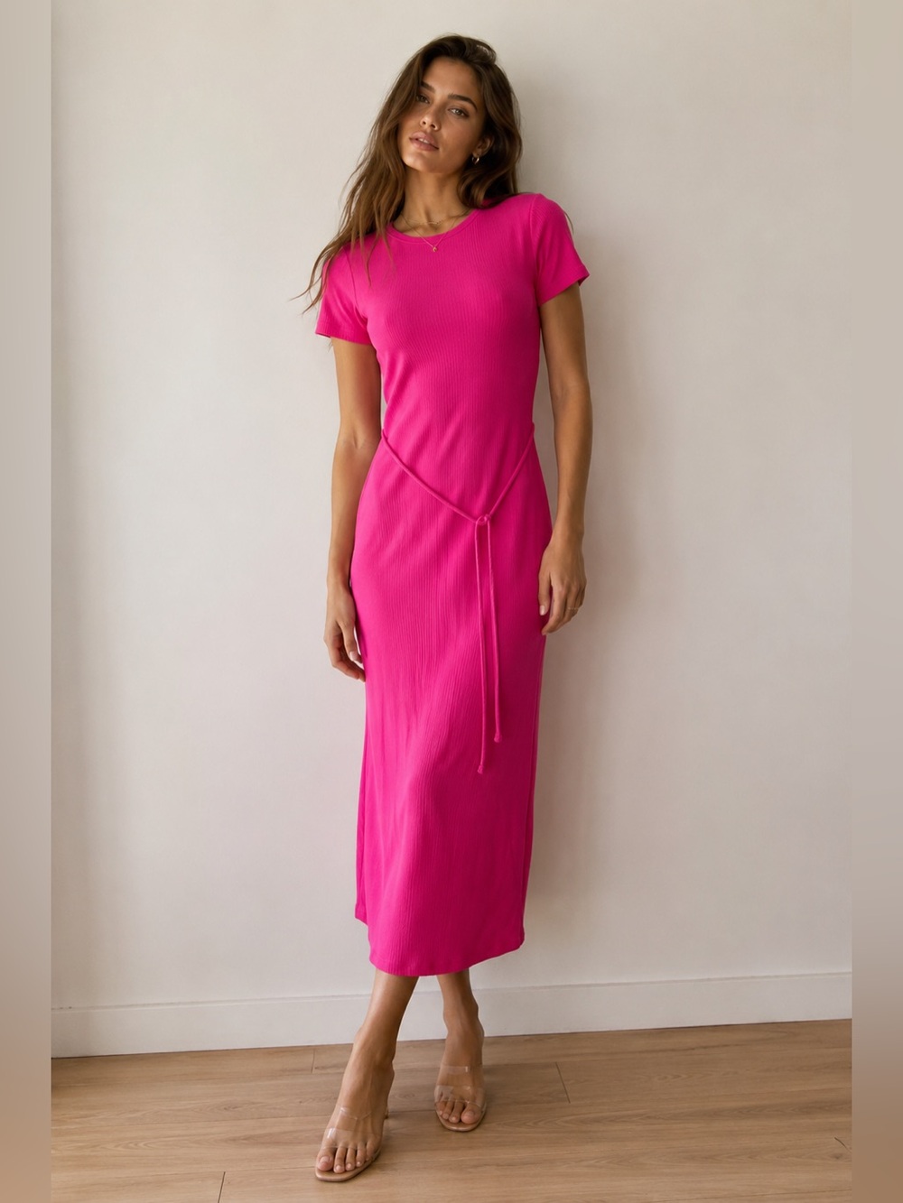 Saturday Sunday Anthropologie Fuchsia Pink Tie Waist Midi Dress Size S